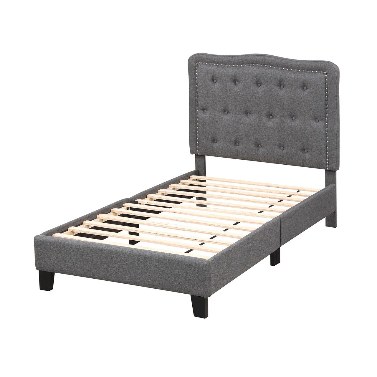 Twin Size Bed Frame with 46 Inch Tall Button Tufted Headboard-Gray